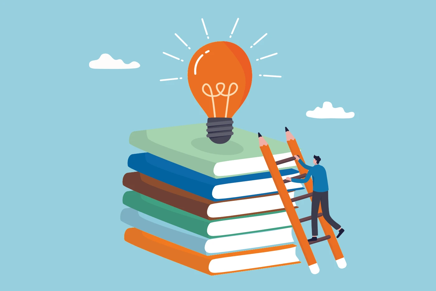 Stacked books with a glowing light bulb