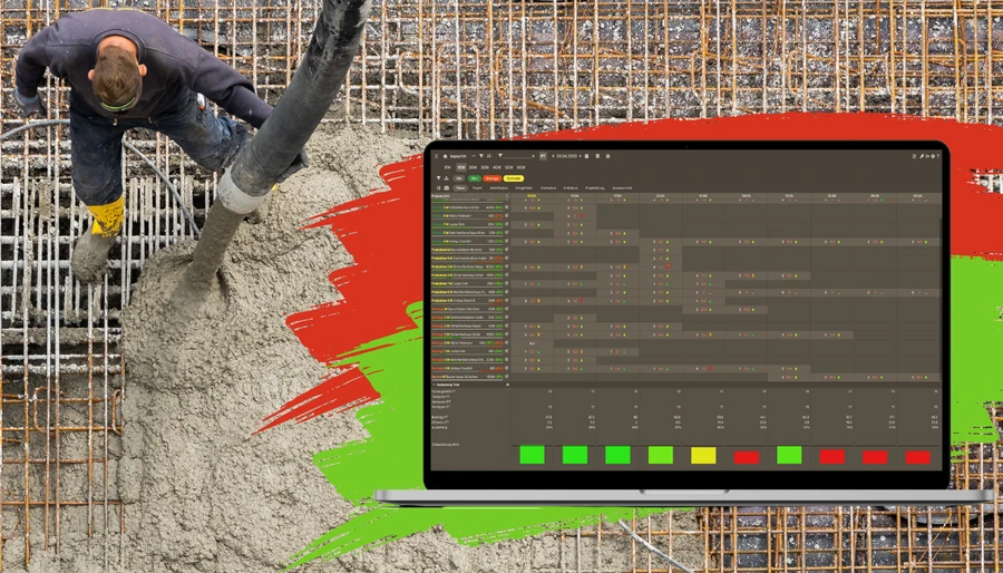 Laptop mit Vanillaplan vor einem Betonfundament